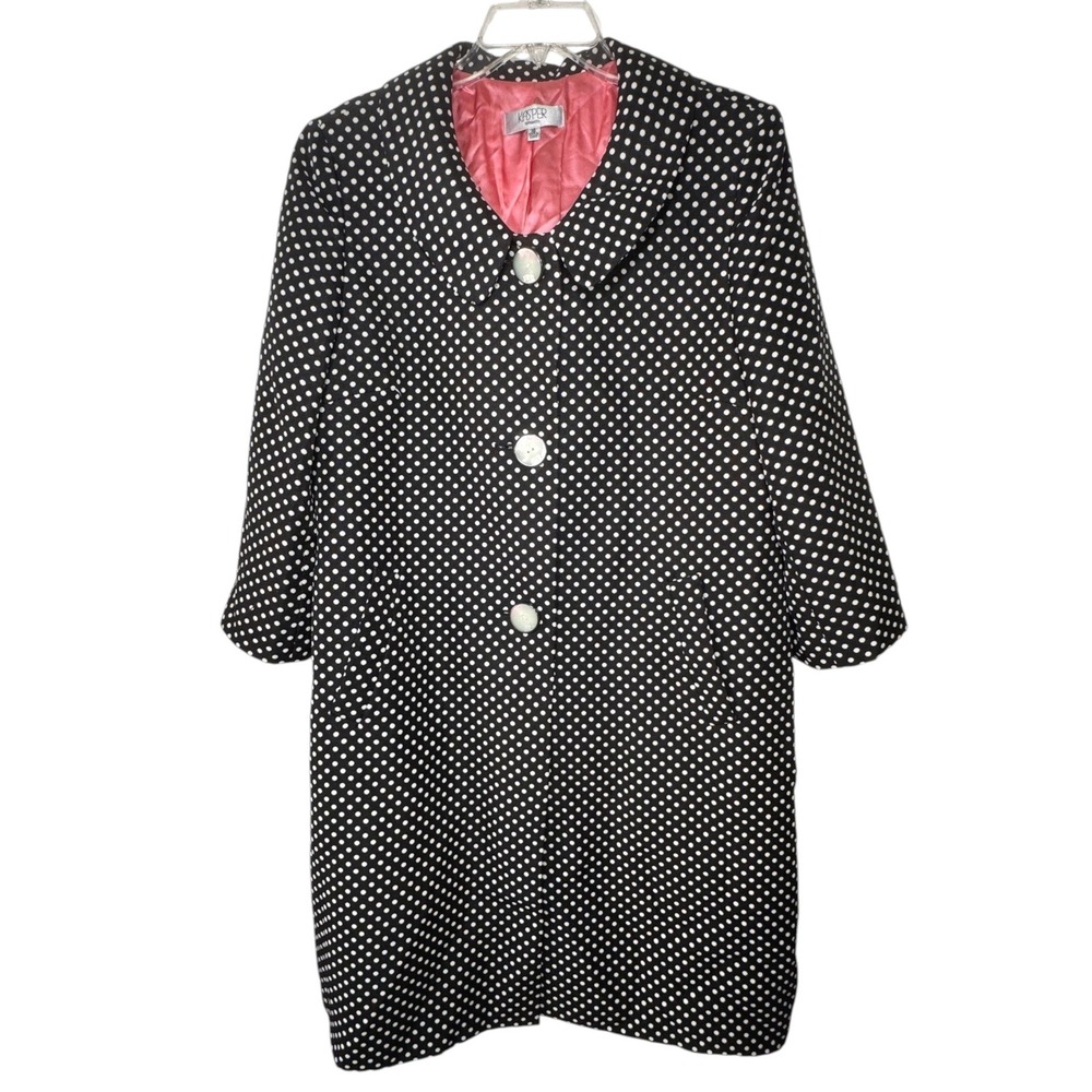 Kasper Polka Dot Coat Womens 16 Black White Pink Lining Retro Peter Pan Collar